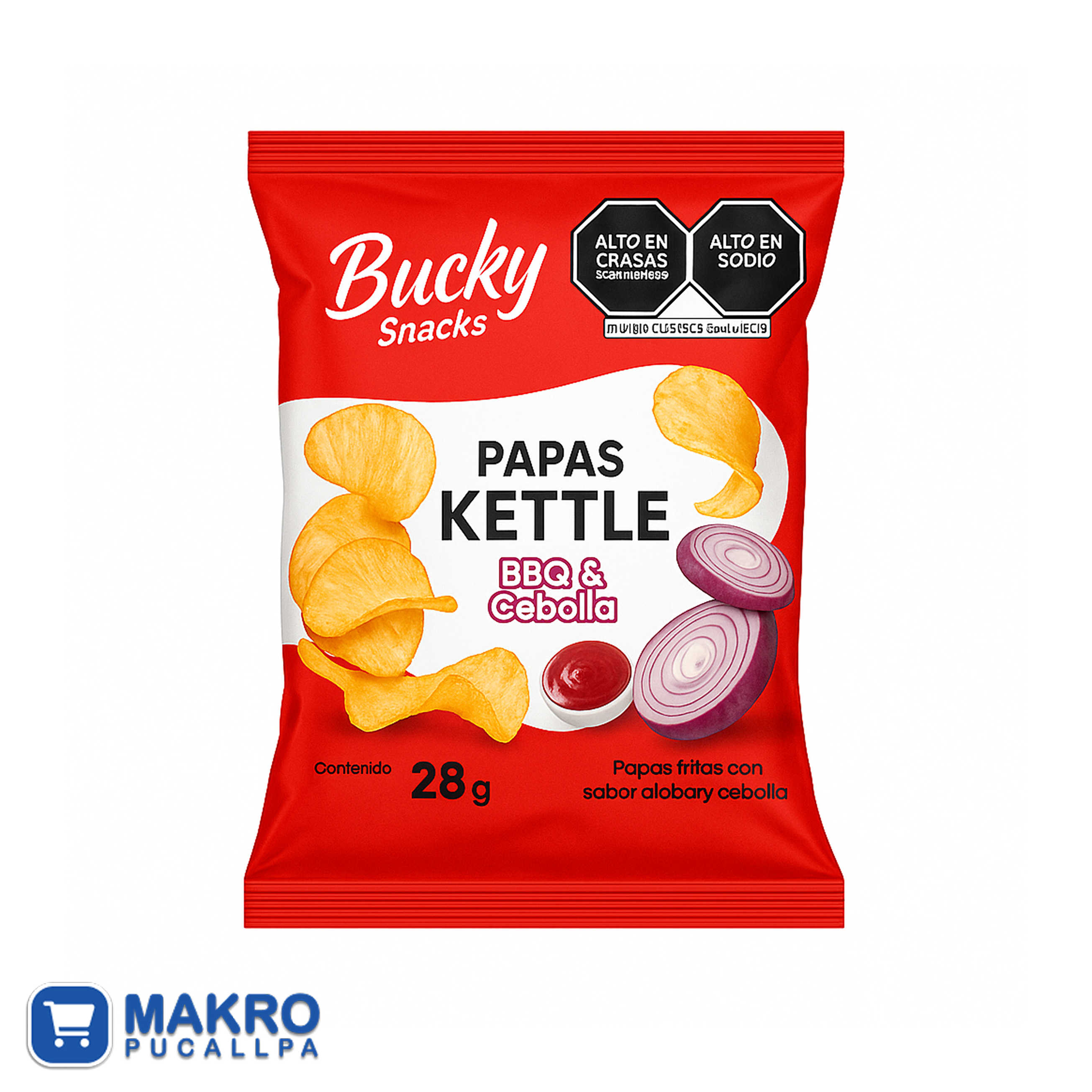BUCKY PAPAS KETTLE SABOR BBQ Y CEBOLLA 28G TIRA*7 UND CJA*12 TIRAS
