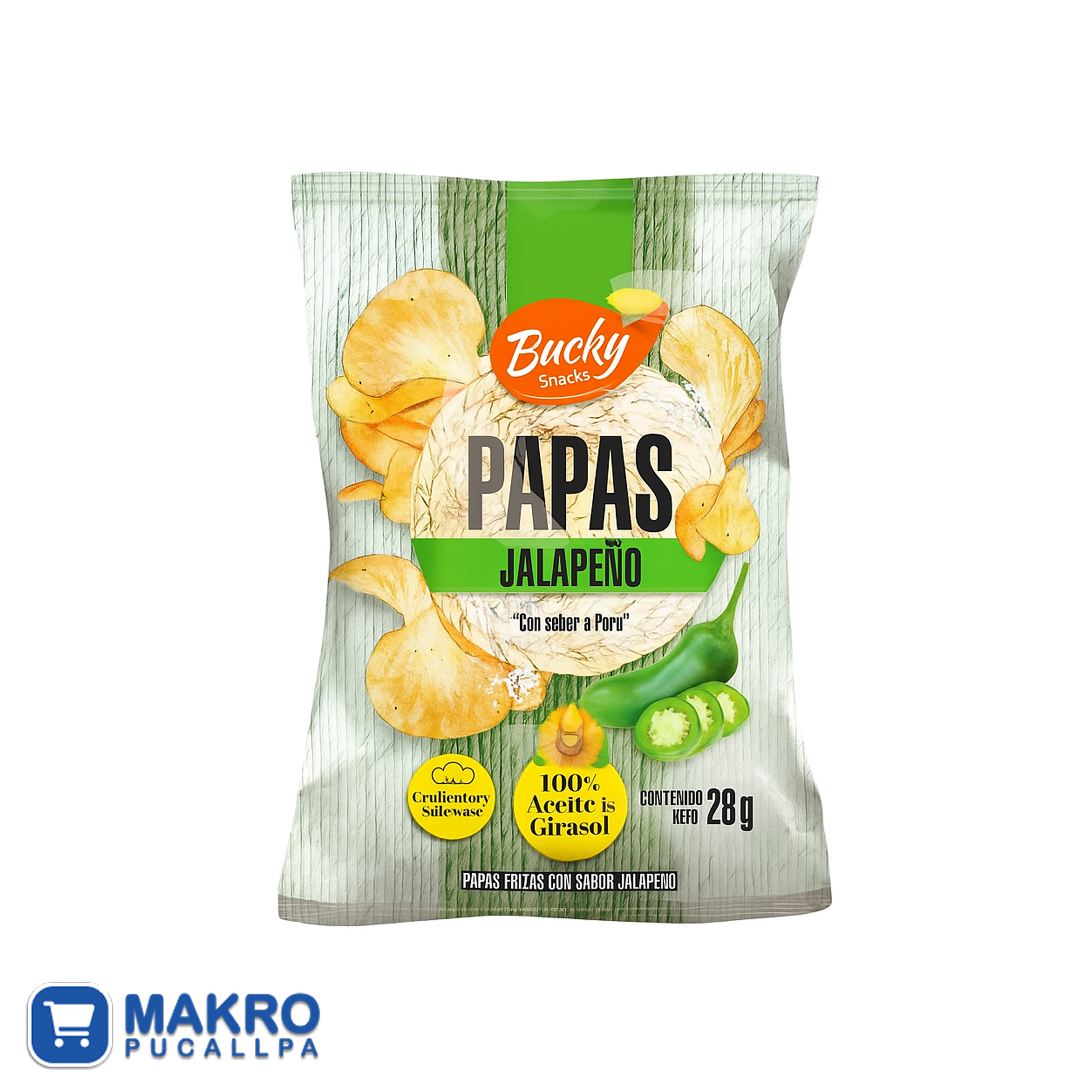 BUCKY PAPAS KETTLE SABOR JALAPEÑO 28G TIRA*7 UND CJA*12 TIRAS