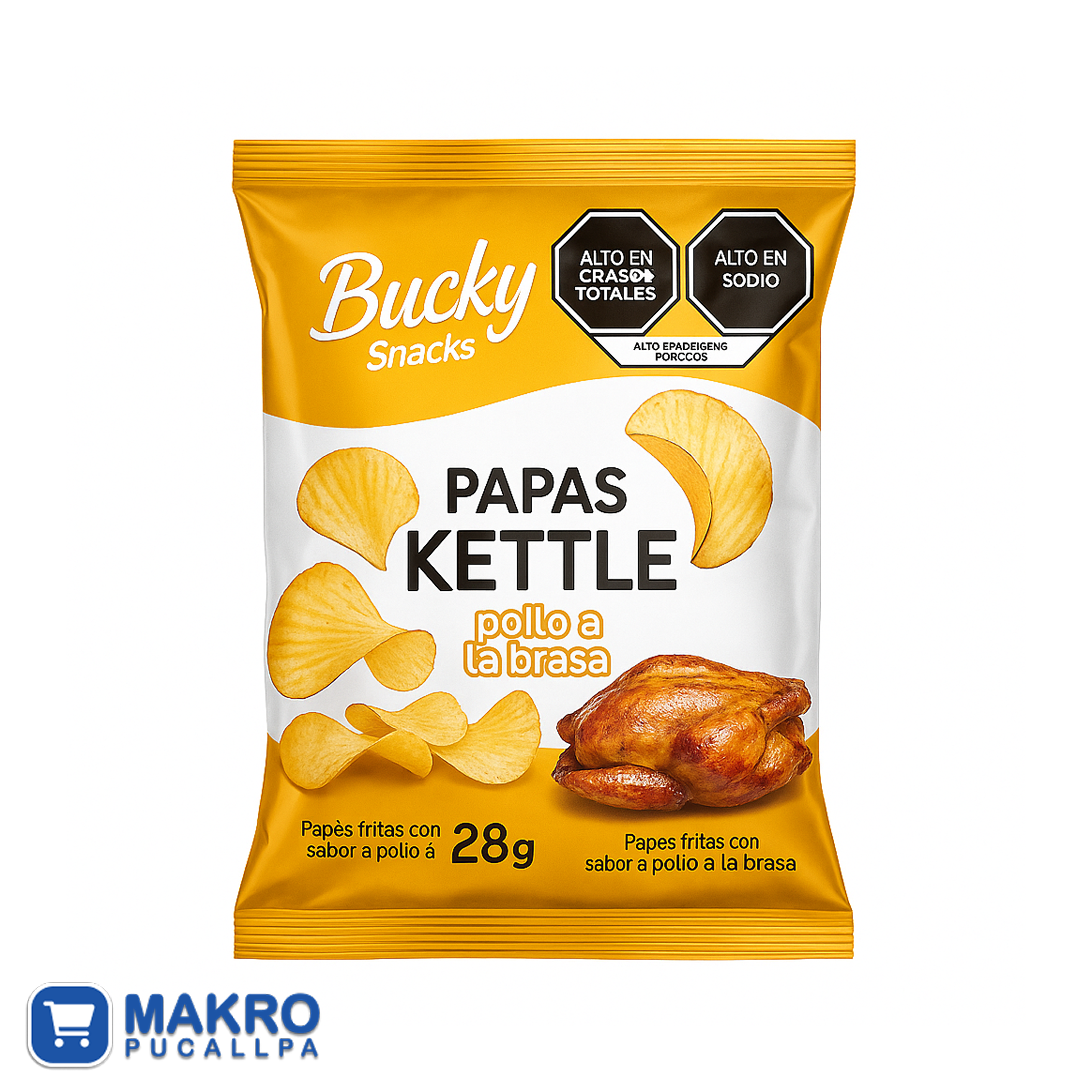 BUCKY PAPAS KETTLE SABOR POLLO A LA BRASA 28G TIRA*7 UND CJA*12 TIRAS